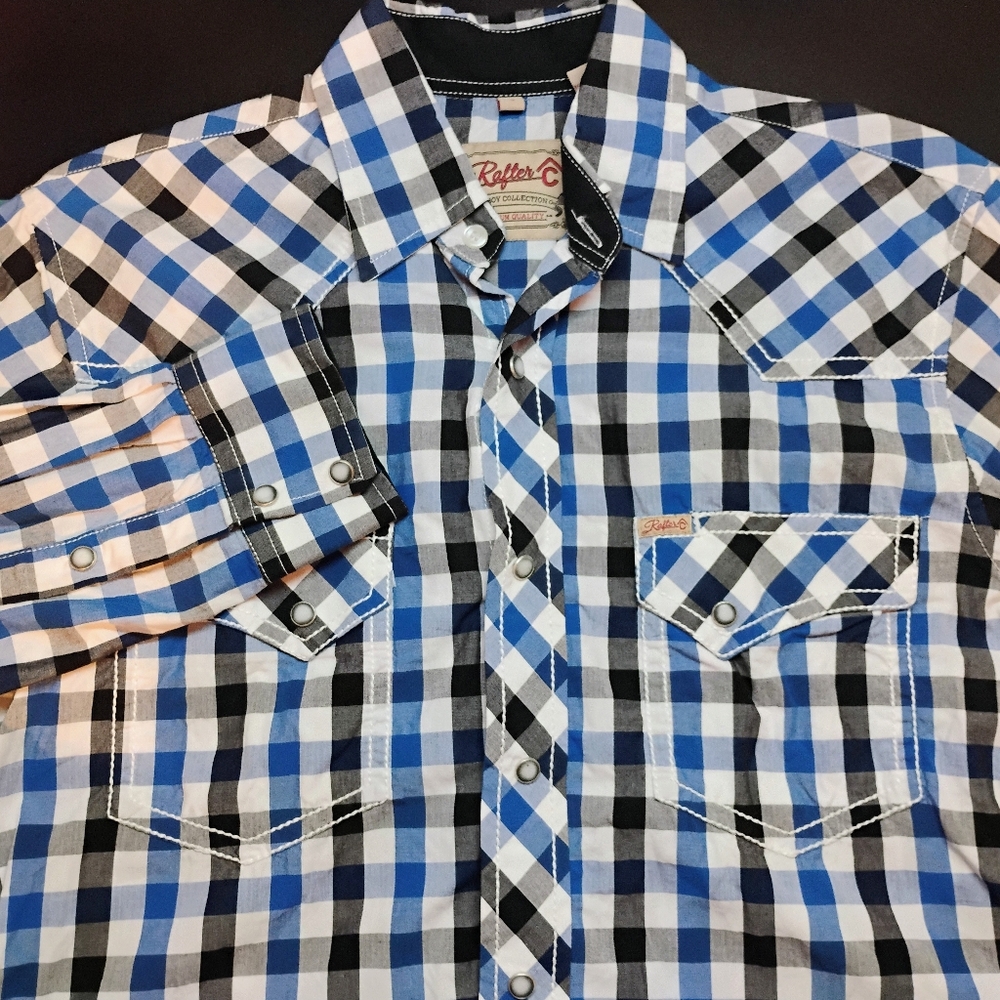 RAFTER C Plaid Western Shirt Blue White Black Mens Size Small Rodeo Ranch Snap A